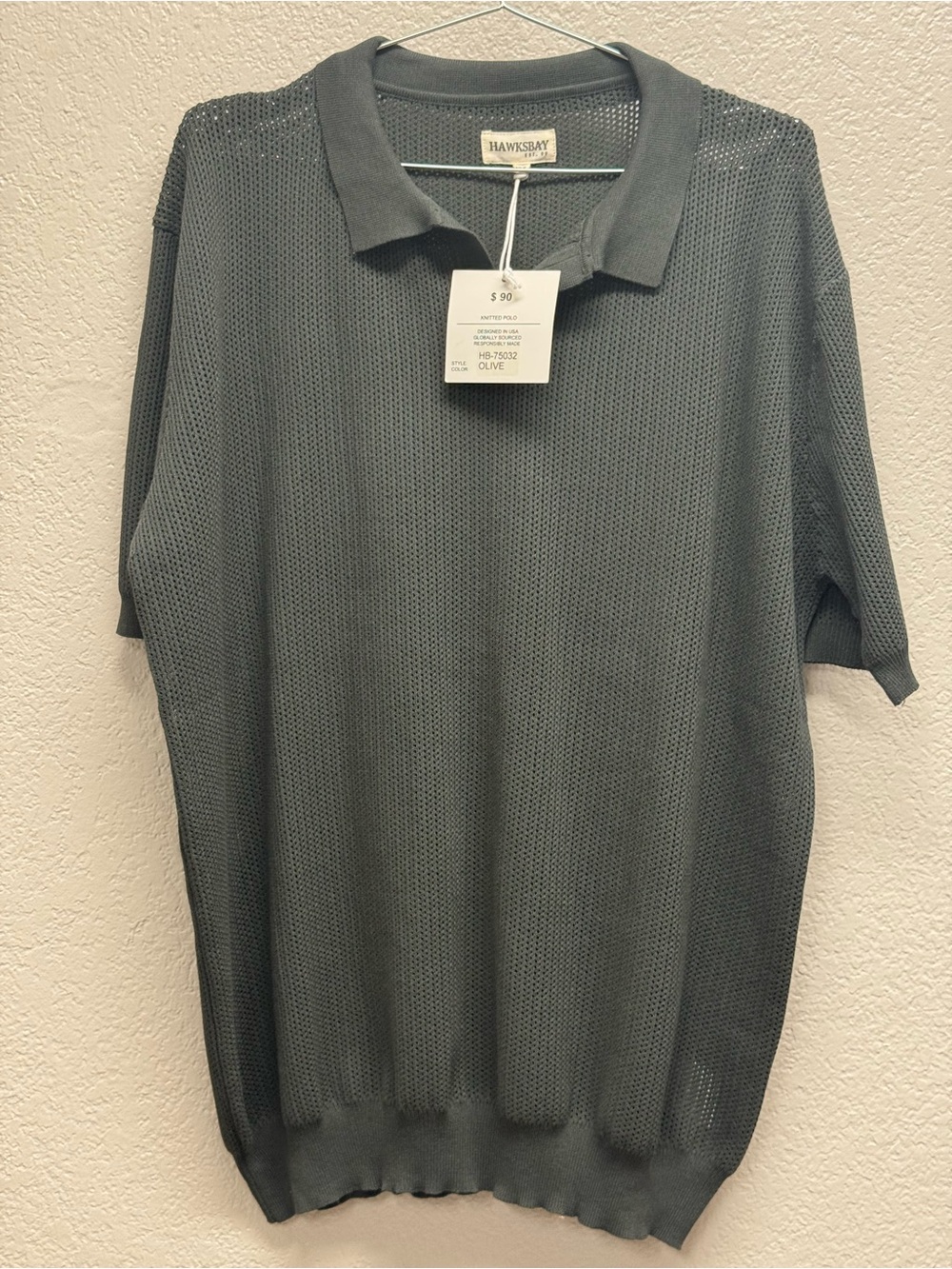 Hawksbay Olive Open-Weave Knit Polo pit 26” X 31” MSRP $90